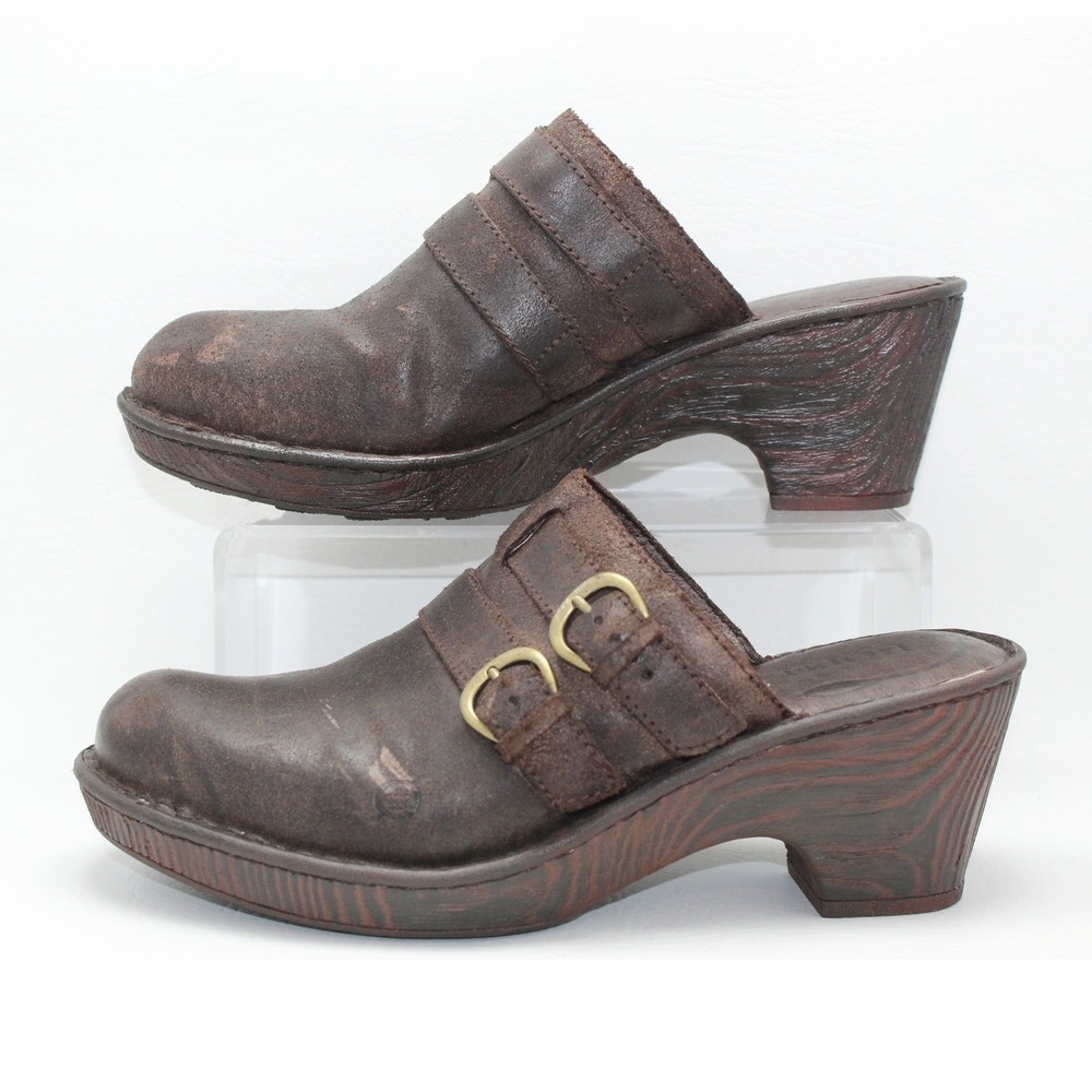 Born D85823 Brown Distressed Leather Double Buckle Platform Clogs Womens 10M